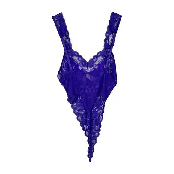 Vintage Victoria's Secret Purple Lace Teddy P XS Sheer High Cut Leg Bodysuit - Picture 2 of 7